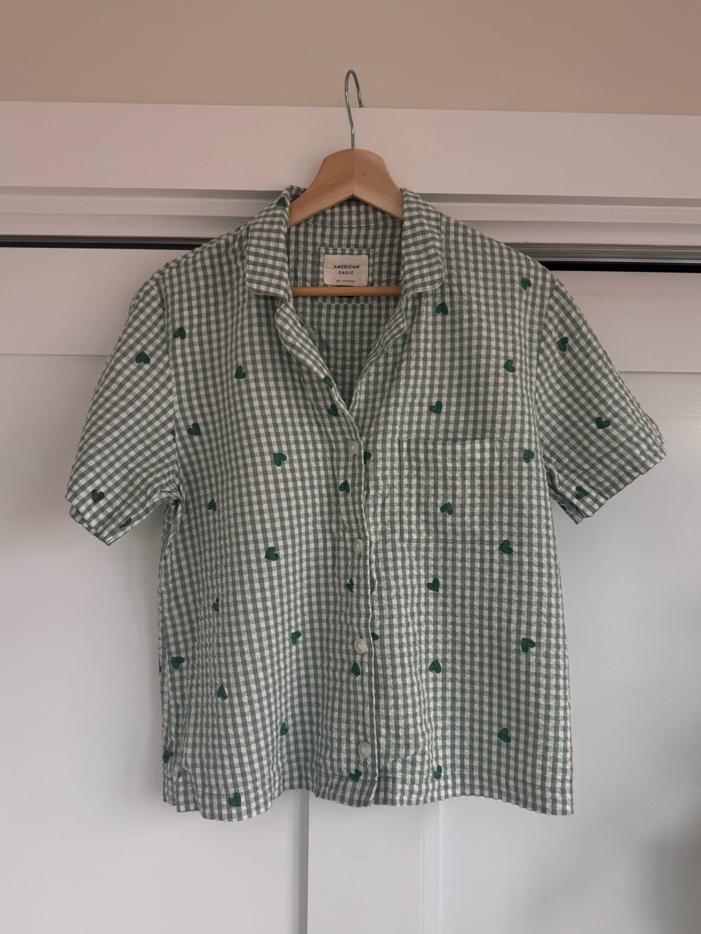 Aerie Green Gingham PJ Top with embroidered hearts - S